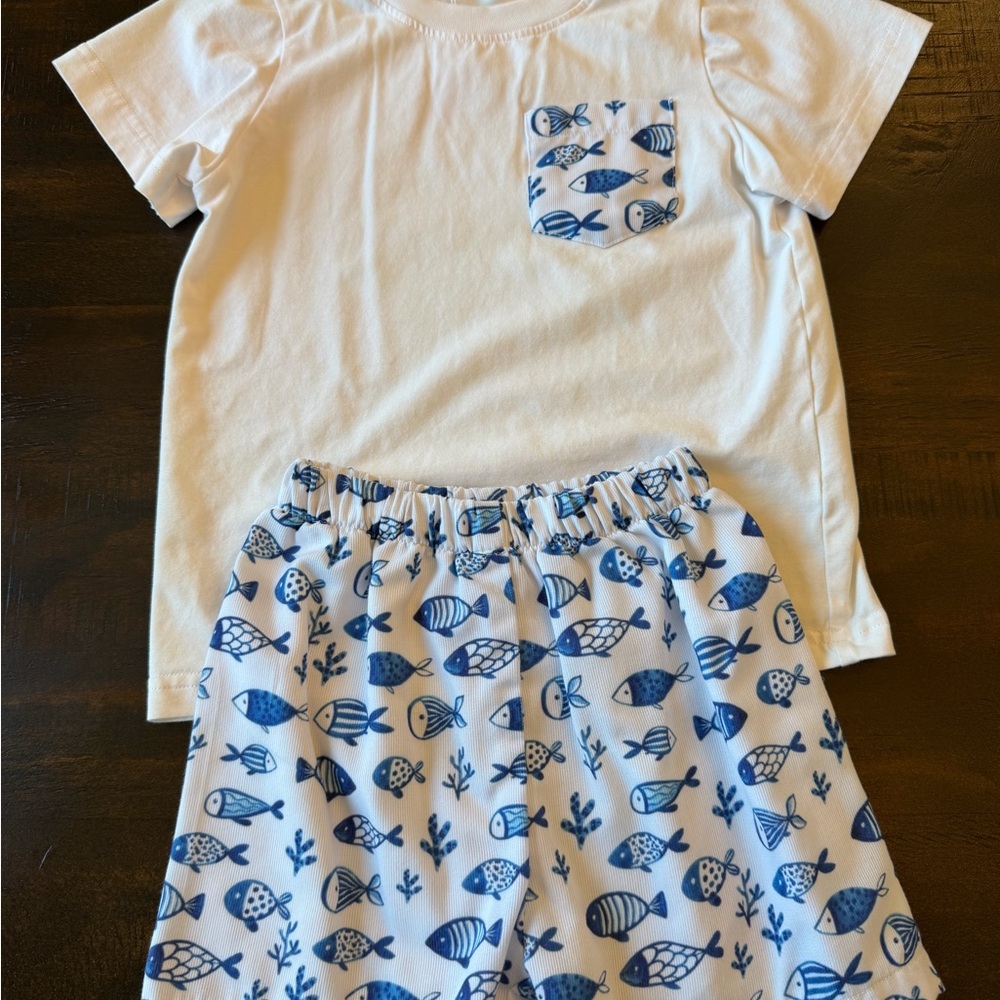 Kids Blue & White Fish Pocket Pajama Set